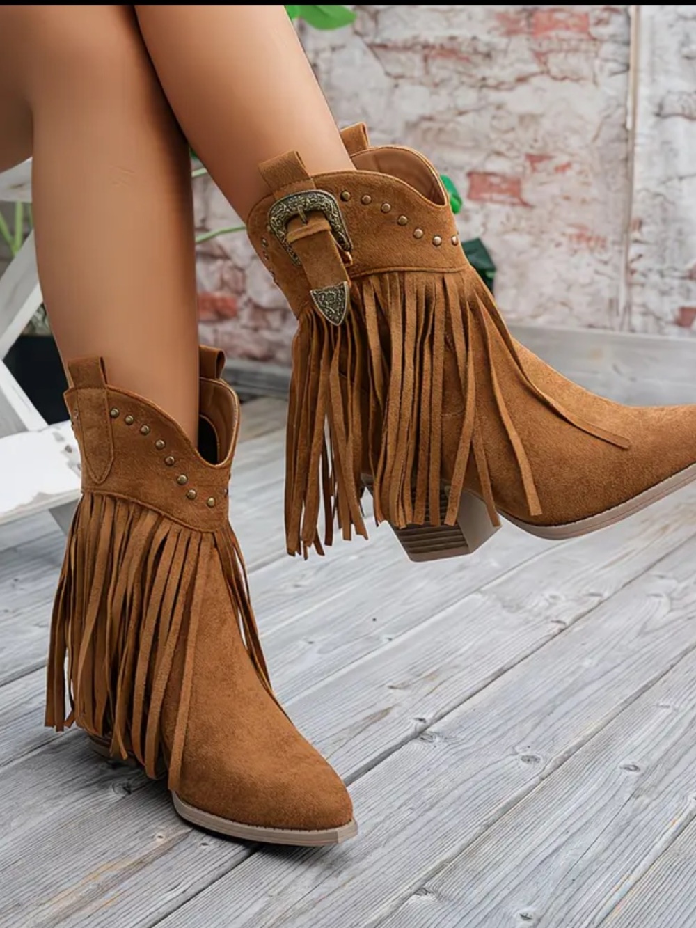 Fringe Western Ankle Boots - Light Brown